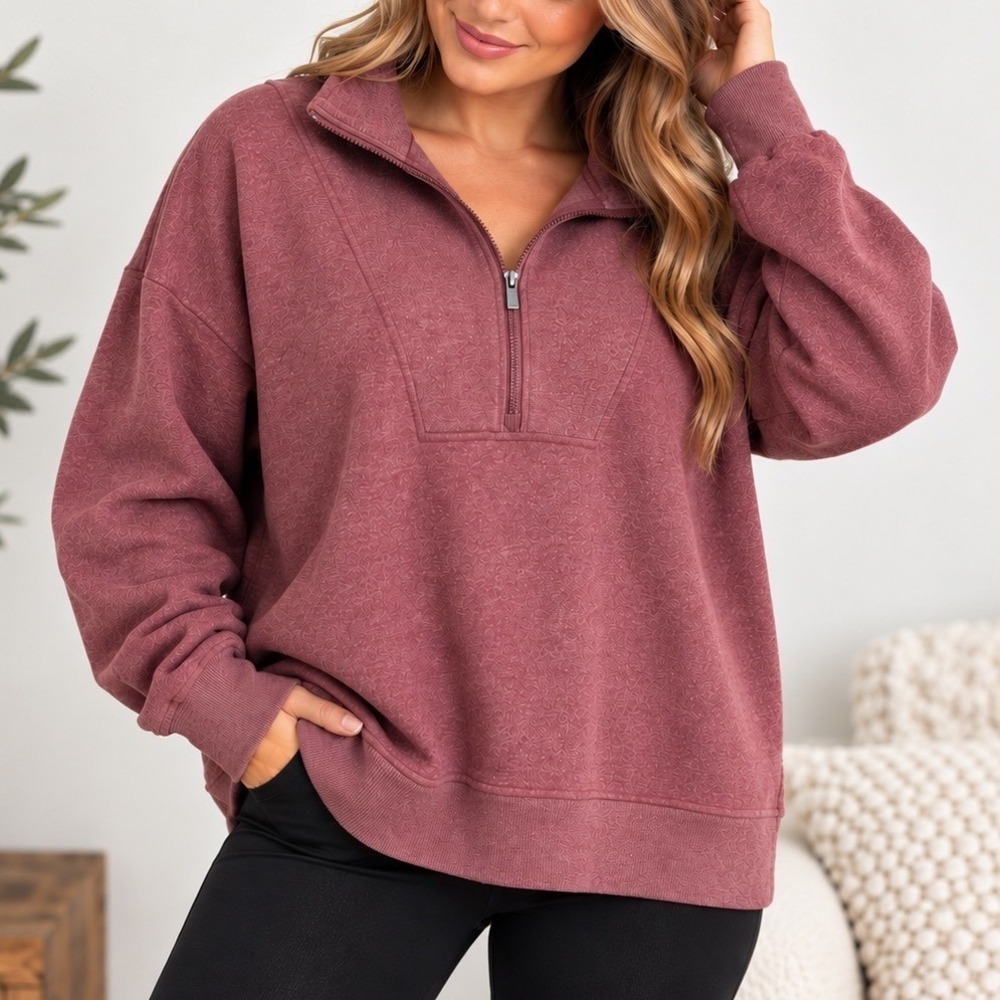 Freely Women's 1X Mauve Heather Quarter Zip Pullover Oversized Cozy Sweatshirt